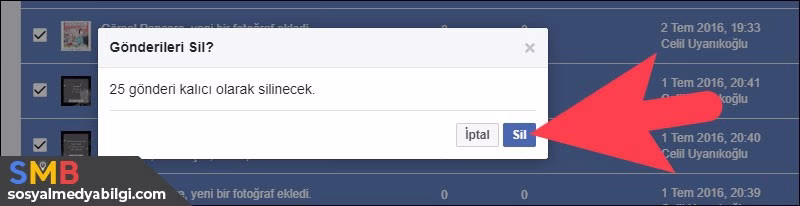 Facebook gönderileri sil