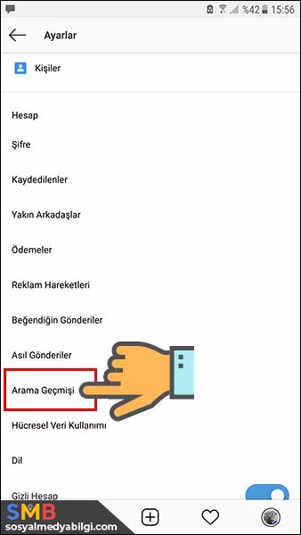 Instagram mobil arama geçmişi