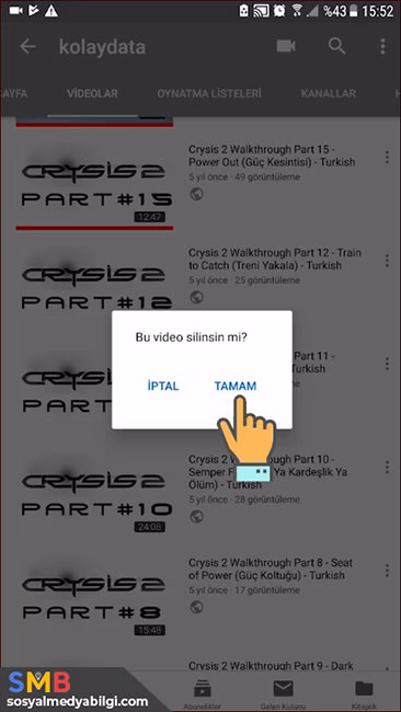 YouTube mobil video silme onay