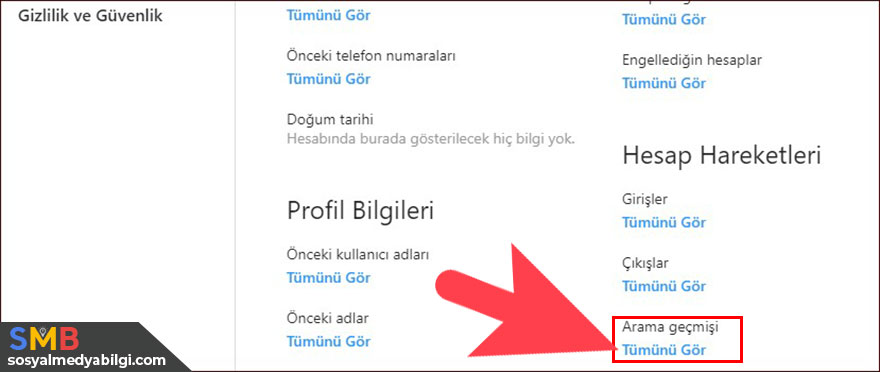 Instagram arama geçmişi